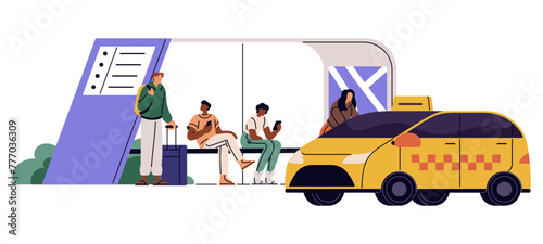 Taxi arrives at modern bus stop. Passengers waiting public transport at station. Person gets into car, cab. Urban vehicle. City infrastructure. Flat isolated vector illustration on white background © Paper Trident