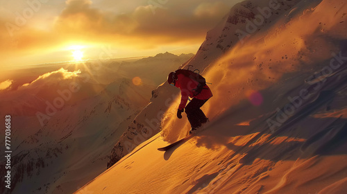 A snowboarder carving through deep snow with a picturesque sunset backdrop, capturing the essence of winter sports