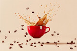 A red cup of coffee with coffee beans around flying in the air, spilling out brown liquid, against a beige background