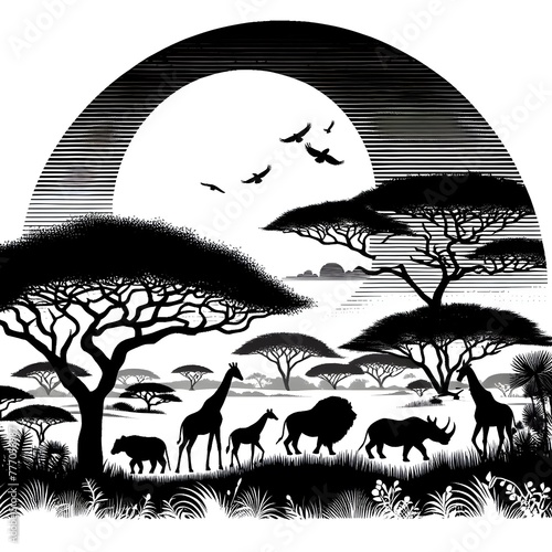 African safari savannah scenery, logo feel, wildlife against white background, tree, sun, black silhouette. Generative AI