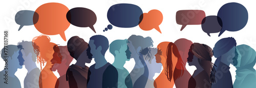 Communication across diverse cultures -  Multicultural dialogue represented by colored silhouette and speech bubbles of mixed-race individuals. Diversity equality inclusion concept