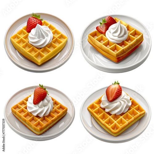 Realistic Icon Object breakfast waffle strawberry slices topping whipped cream, PNG transparent image, AI generative photo