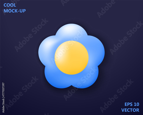 Funny toy yellow and blue flower in modern volumetric graphics style. Realistic 3d icon design. Vector template