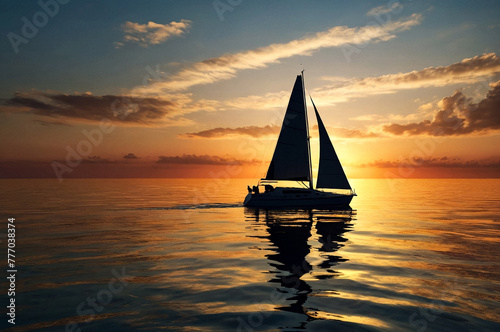 Illustration of golden sunset over calm waters with silhouette of a sailboat cruising at skyline, scenery. Sailboat at sunset on tranquil sea. Travel sea cruise concept. Copy ad text space. Gen Ai