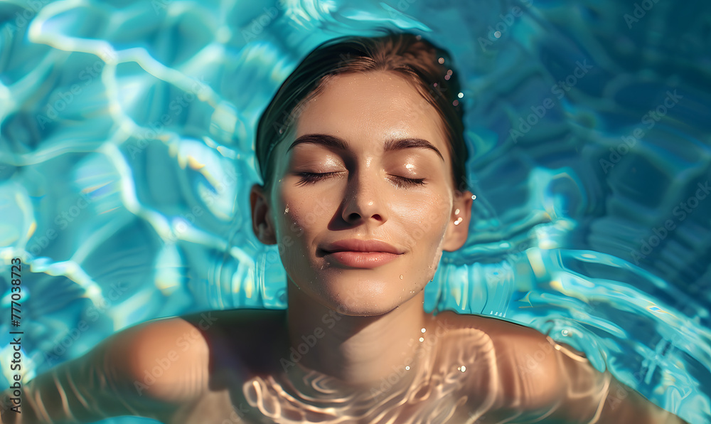 woman relaxing in the swimming pool under clear blue water with closed eyes, Generative AI 