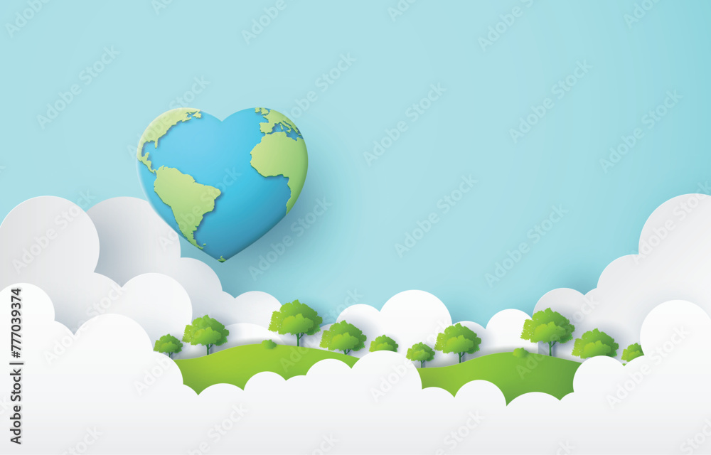 Naklejka premium Heart-shaped Earth Above Forest Cloud — Sustainable Planet