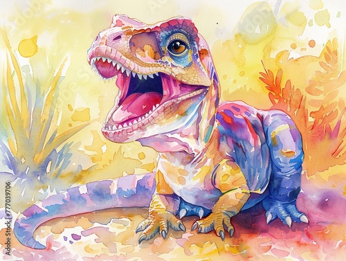 Watercolor of a TRex, portrayed cutely in bright pastel colors, vivid against a soft, charming background © Thanadol
