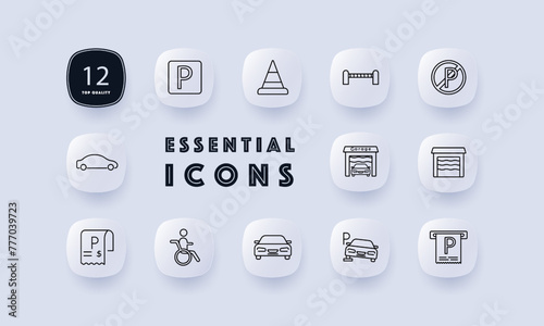 Tax, parking set icon. Garage, check, invoice, machine, car, ban, fence, cone, pitstop, P, gradient, warehouse, silhouette, sign, , man, wheelchair, design, interface. Neomorphism style.