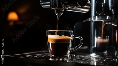 Generative AI of Closeup of Espresso Brewing Process with copy space concept for Professional Coffee Making, Restaurant Beverage Service, and Caffeine Enjoyment
