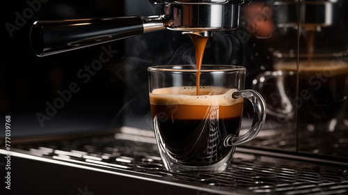 Generative AI of Glossy Coffee Machine pouring Golden Brown Crema in Transparent Cup with Soft Backlight concept for Perfect for Espresso Aficionados, Breakfast Boost, and Cafe Ambience