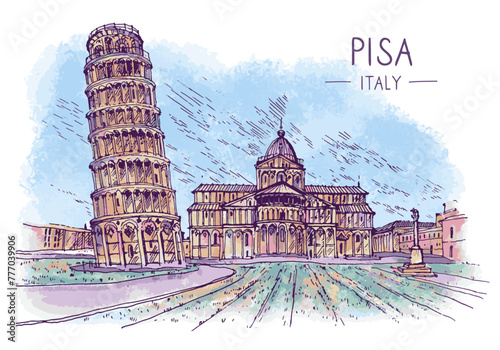 Architectural sketch of the urban scene featuring the leaning tower of Pisa. Colorful illustration of the architecture of Pisa. Hand-drawn digital drawing for travel postcards, banners, and posters. photo