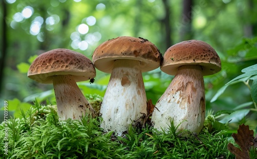Three Mushrooms in a Forest Setting Generative AI © Bipul Kumar