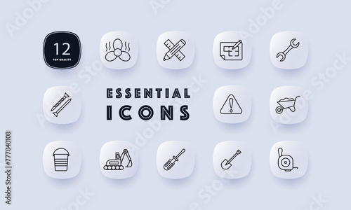 Construction set icon. Equipment, numbering, fan, heavy equipment, shovel, nails, pencil, ruler, warning sign, screwdriver, wrench. Construction equipment concept. Neomorphism style.
