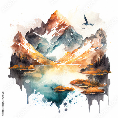 Mountain lake watercolor illustration, scenic nature landscape on white background. Adventure and travel mood art for cards and package design