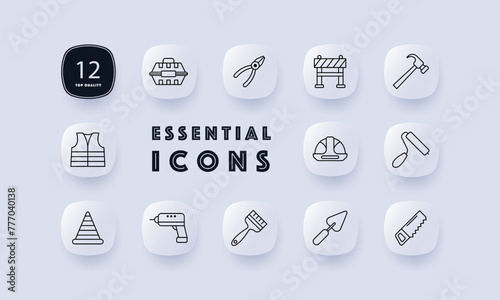 Construction set icon. Repair supplies, equipment, saw, roller, pliers, brush, cone. fence, helmet, drill, spatula, windbreaker, jacket, uniform, hammer. Neomorphism style.
