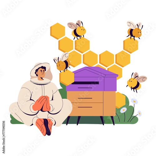 Bee garden worker relax near beehive. Apiarist in protective suit gather honey, collects harvest of honeybee hive. Beekeeper cares about apiary. Flat vector illustration isolated on white background