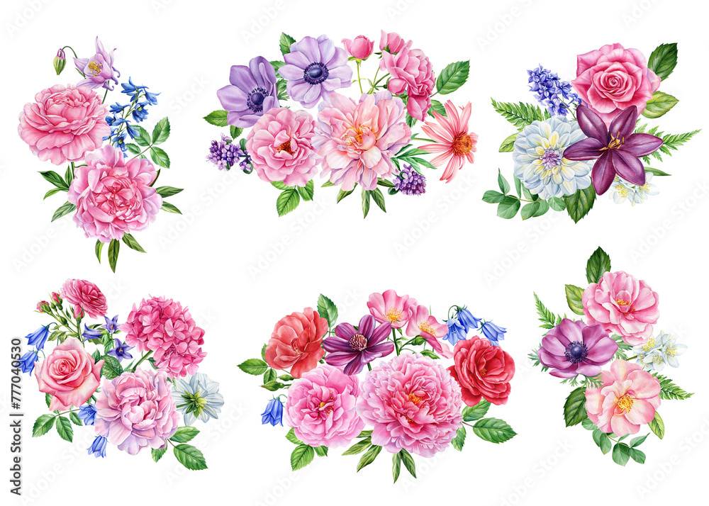 Set of floral anemones, roses, peony, lily isolated white background. Watercolor hand drawn botanical illustration flora