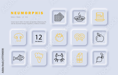 Food set icon. Fish, tomato, pastries, milk, crab, pancakes, apple, natural products, mushrooms, radishes, soup, hot, gradient, delicacies, unusual food. Healthy eating concept. Neomorphism style.