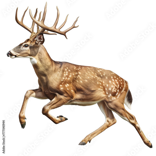 white-tailed deer in motion isolated white background