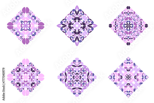 Colorful isolated ornate floral square symbol template set - abstract geometrical squared vector elements with curved shapes