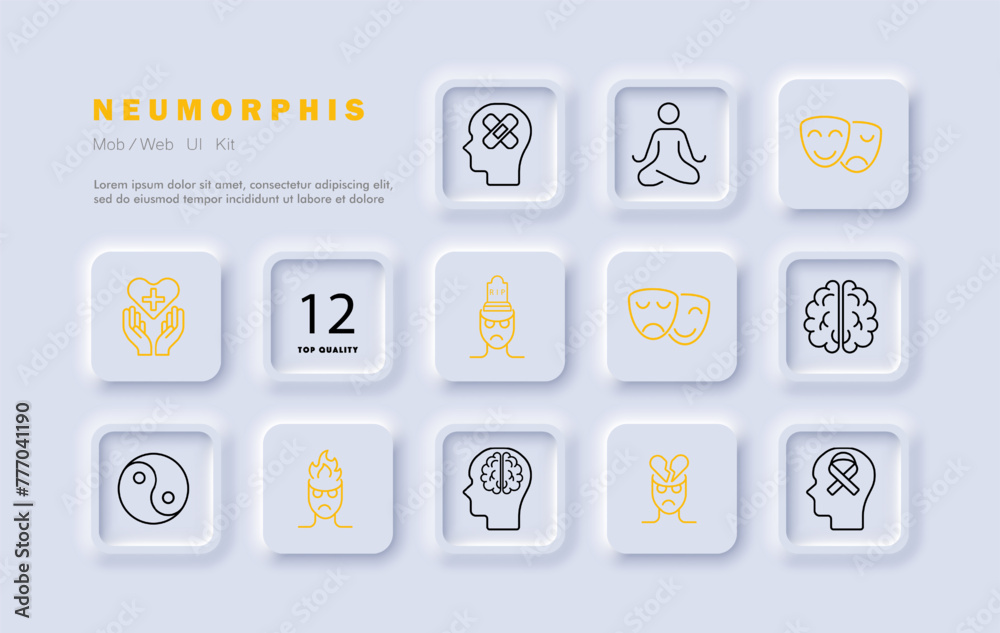 Mood icon set. Theater masks, smile, anger, yin yang, man, brain, fire, meditation, silhouette, sentiment care, patch, restoration, gradient. Controlling your condition concept. Neomorphism style. Mood icon set. Theater masks, smile, anger, yin yang, man, brain, fire, meditation, silhouette, sentiment care, patch, restoration, gradient. Controlling your condition concept. Neomorphism style.
