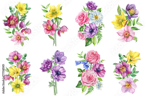 Vintage floral. Wildflowers anemone  rose  dahlia on isolated white background. Watercolor hand drawn botanical flora