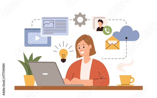 Working at home vector flat style illustration. Online career. Home office illustration. Young woman freelancer working on laptop or computer at home. Business woman at home in quarantine