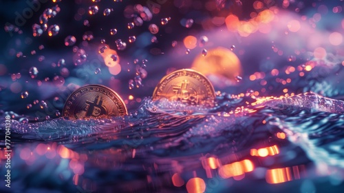 Two gold coins are floating in a body of water. The water is illuminated by a colorful light, creating a dreamy and surreal atmosphere