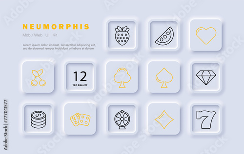 Casino icon set. Card suits, dice, slot machines, winning, excitement, diamond, cherry, chips, strawberry, seven, gradient, spade, diamond, hearts, crosses. Gambling concept. Neomorphism style.