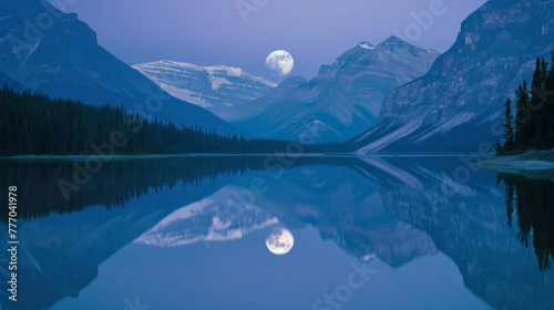 The moon hangs low in the sky reflecting off the shimmering surface of a glacial lake nestled amid towering peaks. . . photo