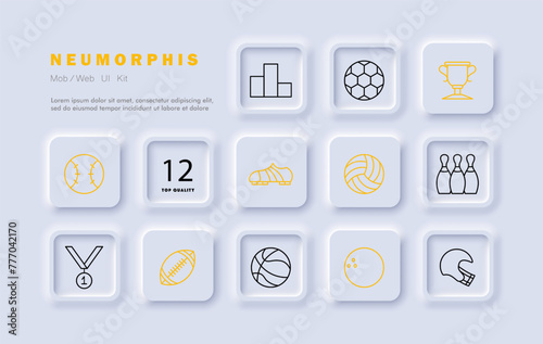 Sports set icon. Shoes, soccer ball, skittles, podium, medal, first place, rugby, volleyball, bowling ball, outdoor activity, useful hobby, gradient. Healthy lifestyle concept. Neomorphism style.