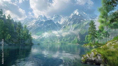 A beautiful mountain landscape with a lake in the foreground. The sky is cloudy, but the sun is still shining through the clouds. The scene is peaceful and serene