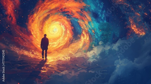 A person is walking through a spiral tunnel in a colorful space. The tunnel is filled with bright colors and the person is the only one in the scene. Scene is mysterious and surreal photo