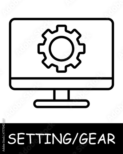 Computer, gear icon.Modern technology, monitor, services, tuning, offer users the ability to customize their experience on the platform. Assistance in adjustments and optimization.