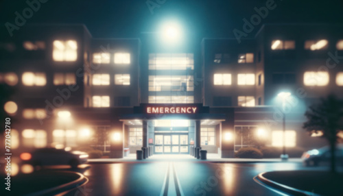 Blurred background of night view of a hospital's emergency entrance with soft glowing lights. Concept urban healthcare, presentations, design