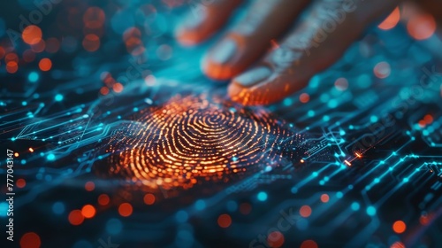 A hand is touching a blue and orange screen with a fingerprint. Concept of security and protection, as the fingerprint is a unique identifier that can be used to verify a person's identity