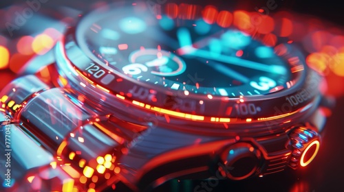 A watch with a red and blue background. The watch is glowing and has a futuristic look. The background is a mix of red and blue, creating a vibrant and eye-catching effect photo
