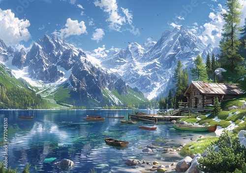 Serene Alpine Lake with Boats and a Cabin Generative AI