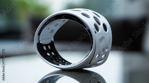 A white and black bracelet with holes in it. The bracelet is curved and has a unique design