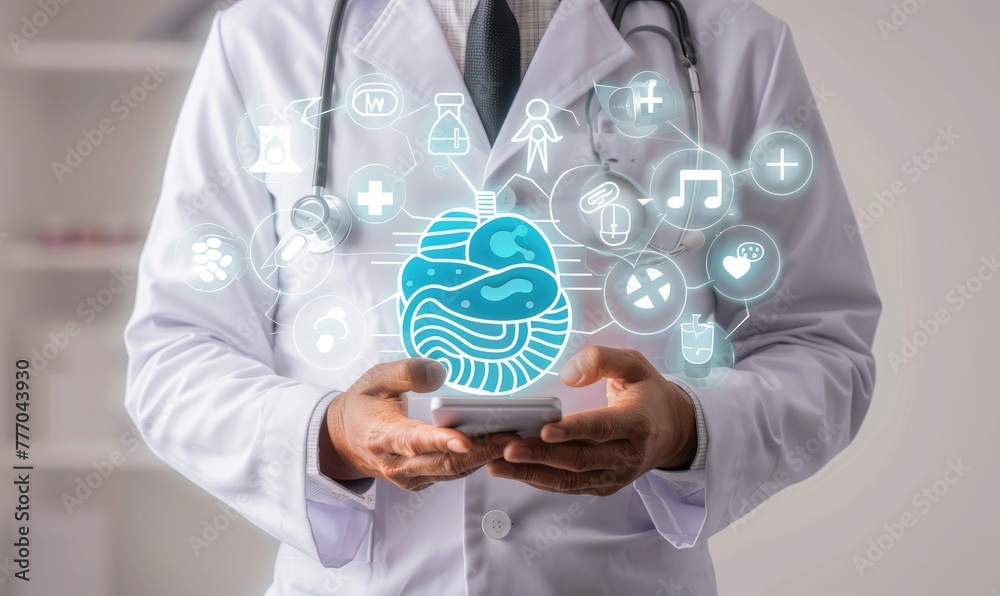Stomach with different icons, Doctor and virtual screen Stomach with different icons, Doctor and virtual screen