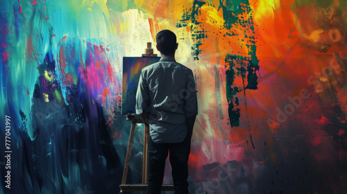 The artist is painting at an easel, with a colorful abstract background, brush strokes and splashes of paint in the air