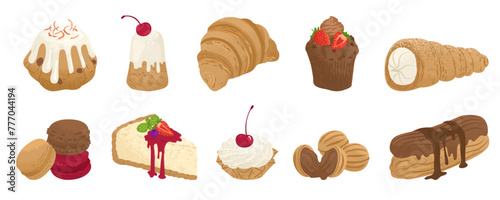 Sweet pastries for the holiday table. Baked goods with the addition of chocolate, berries and syrup. Candy store. Vector illustration isolated on transparent background.