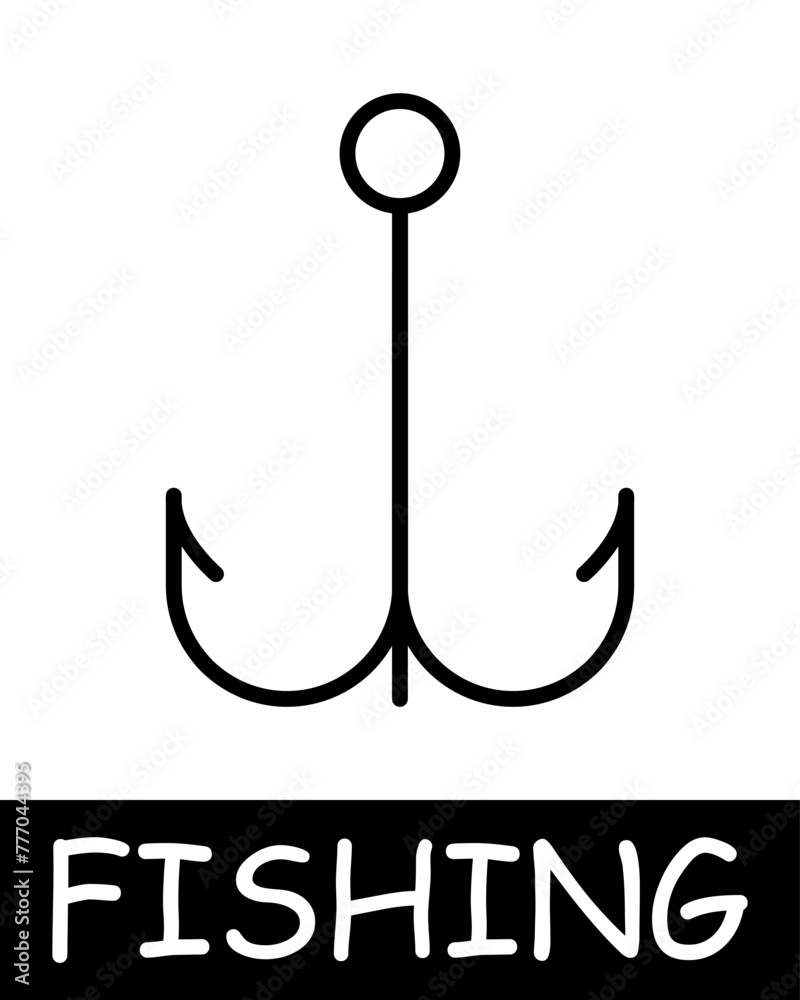 Catch, fish, fisherman icon. Fishing rod, hook, bait, float, underwater creatures, landscape, simplicity, silhouettes, relaxation in nature, fresh air, hobby. Concept of fishing, useful recreation.