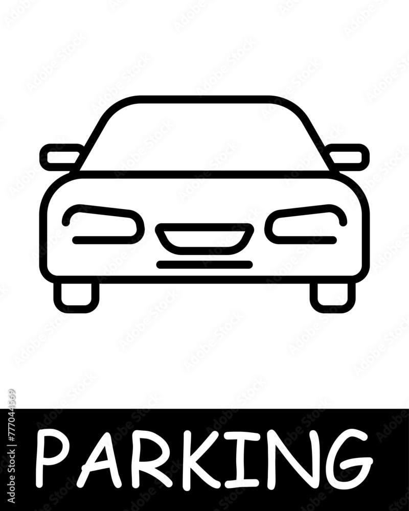 Parking, car icon. Vehicle management, convenient transport solutions, silhouette, automobile, mechanism, equipment, vehicle, parking place. The concept of providing car park services.