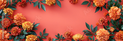 Traditional indian orange flowers on pnk background. Ethnic decorations for Indian festival of lights Diwali and Pongal. Ugadi, Gudi Padwa. Hindu New Year. Religion concept with copy space