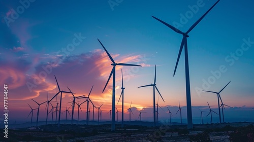 A large group of wind turbines are lined up in a field  with the sun setting in the background. Concept of power and energy  as well as the potential for renewable energy sources