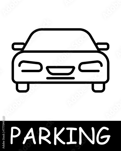 Parking, car icon. Vehicle management, convenient transport solutions, silhouette, automobile, mechanism, equipment, vehicle, parking place. The concept of providing car park services.