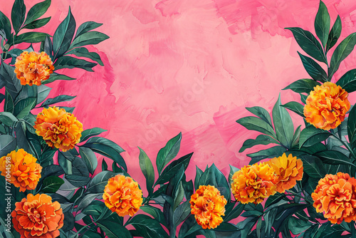 Traditional indian orange flowers on pnk background. Ethnic decorations for Indian festival of lights Diwali and Pongal. Ugadi, Gudi Padwa. Hindu New Year. Religion concept with copy space