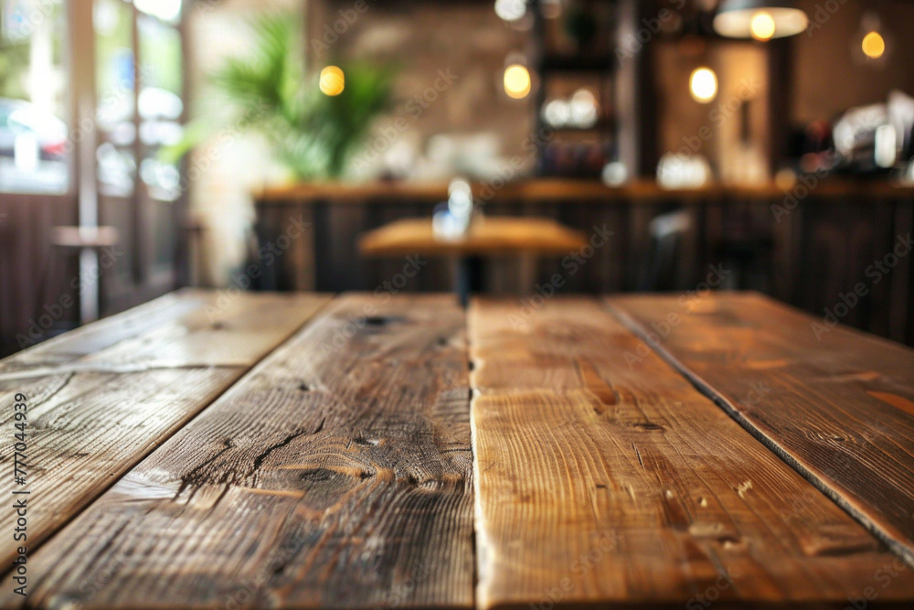 A closeup of a wooden table inside a restaurant