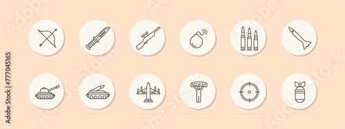 Weapon set icon. Tank, man, banner, no war, artillery, plane, pastel colors, military equipment, bow, rifle, knife. Third world countries, military operations in them concept. Vector line icon.